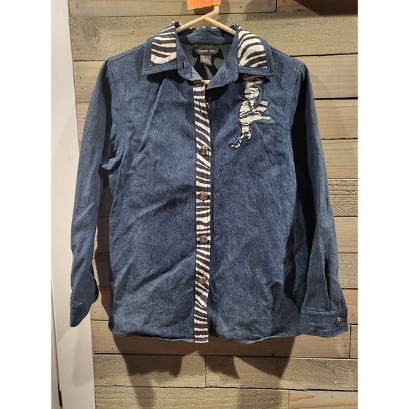 Vintage Morgan Cole Denim Zebra Print Cat Button-Down Small Long Sleeve Shirt - Picture 1 of 5